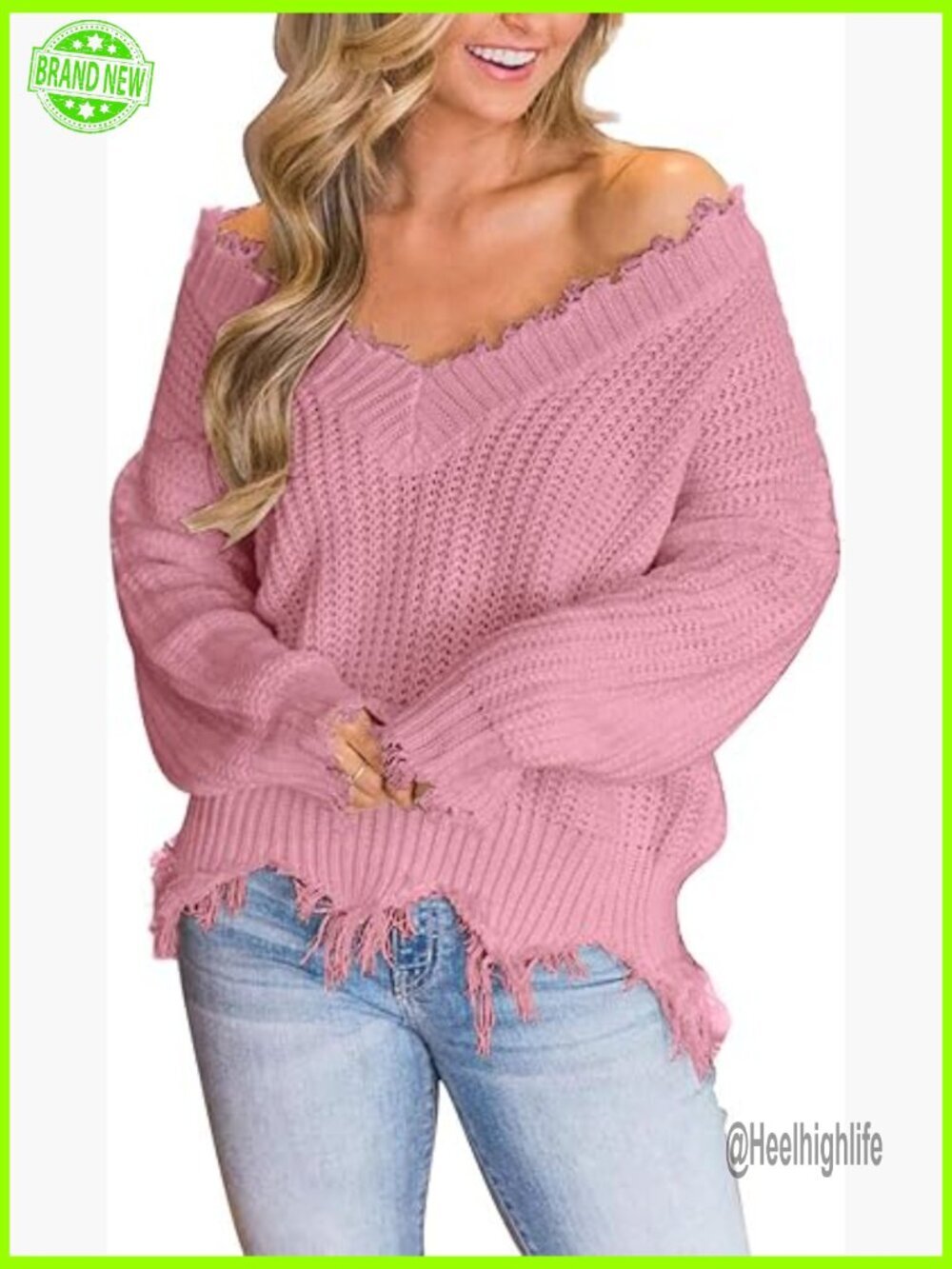 Loose Knitted Off Shoulder Sweater V Neck Long Sleeve Pullover Crop Top